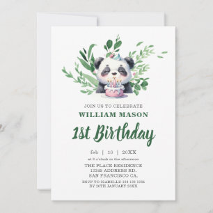 Süßer Panda-Wasserfarbe-Grün 1. Geburtstag Einladung