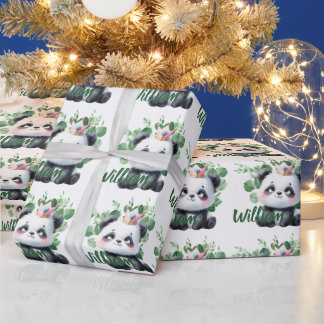 Süßer Panda Wasserfarbe Grünmuster Geburtstag Geschenkpapier