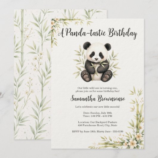 Süßer Panda zum ersten Geburtstag Einladung (Vorne/Hinten)