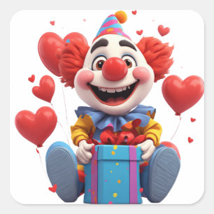 Süßer Party-Clown mit Herzballons 🤡 Quadratischer Aufkleber