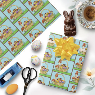 Süßer pastellfarbener Osterkorb Eule Eier Pilze Geschenkpapier