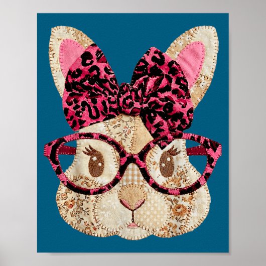 Süßer Patchwork-Osterhase mit Brille rosa Schleife Poster (Vorne)