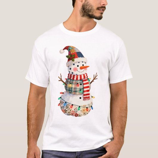 Süßer Patchwork-Schneemann Weihnachtslichter Feier T-Shirt (Vorderseite)