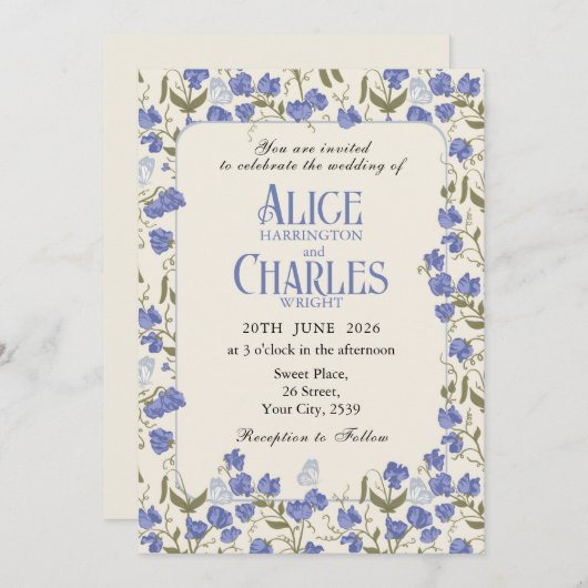Süßer Pea Blütenblau und Creme Einladung (Vorne/Hinten)