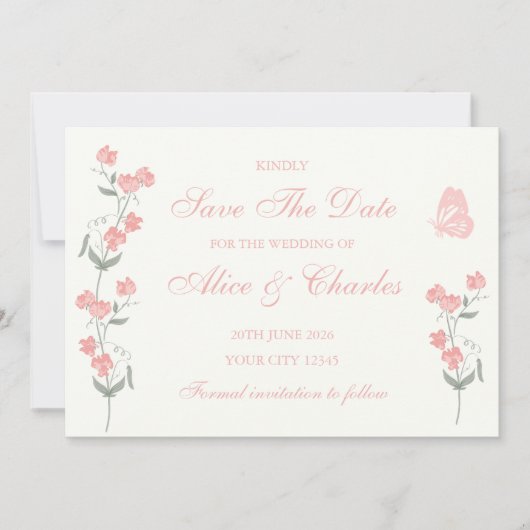 Süßer Pea Floral PInk und Creme Save the Date Einladung (Vorderseite)