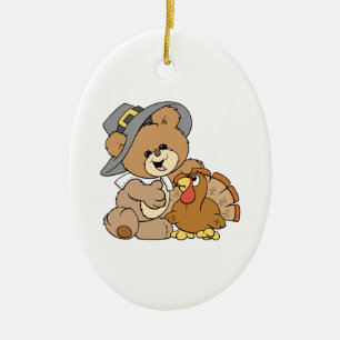 Süßer Pilger-Teddybär mit Truthahn Keramikornament