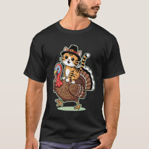 Süßer Pilgerkatze Reitet Truthahn Frauen Männer Er T-Shirt