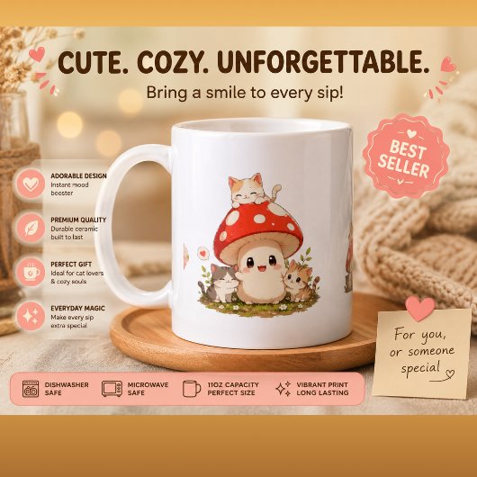 Süßer Pilz & Kätzchen Kaffeebecher – Whimsical Cot Kaffeetasse