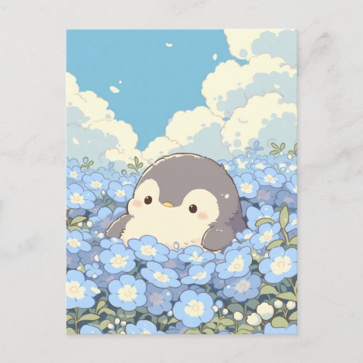 Süßer Pinguin auf blauer Blumenwiese Postkarte (Vorderseite)