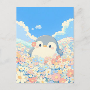 Süßer Pinguin auf einer bunten Frühlingswiese Postkarte