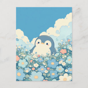 Süßer Pinguin auf einer pastellfarbenen Blumenwies Postkarte