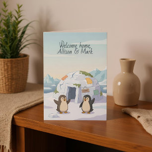 Süßer Pinguin erstes Iglu   Willkommen daheim Karte