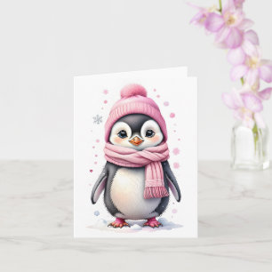 Süßer Pinguin in rosa Hut und Schal Blanko-Weihnac Karte