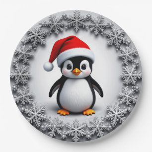 Süßer Pinguin in Weihnachtsmütze Festliche Schneef Pappteller