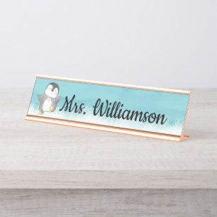 Süßer Pinguin Klassenlehrer Monogramm Schreibtischnamensplakette