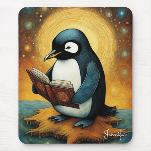 Süßer Pinguin liest Buch Name Mousepad (Vorne)