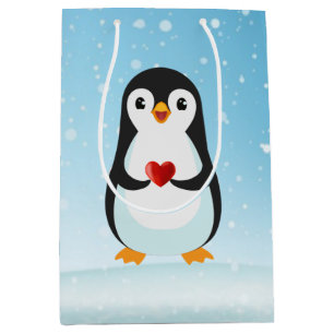 Süßer Pinguin mit Herz auf Hellblau Mittlere Geschenktüte