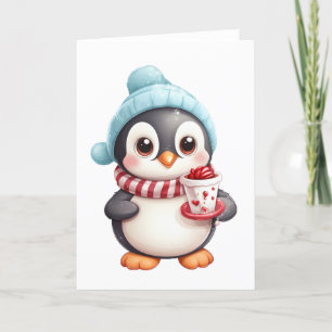 Süßer Pinguin mit Snack/Schneeball LEER Feiertagskarte