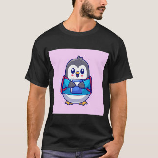 Süßer Pinguin-Schüler hält Buch mit Rucksack Ca T-Shirt