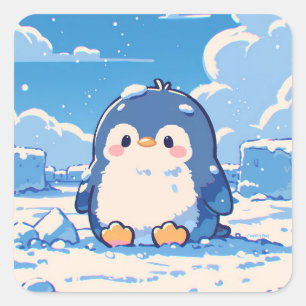 Süßer Pinguin sitzt im Winterschnee Quadratischer Aufkleber