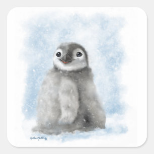 	Süßer Pinguinküken im Schnee-Cartoon Quadratischer Aufkleber