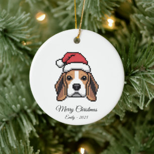 Süßer Pixel-Art-Beagle-Hund-mit-Santa-Hut-Weihnach Keramik Ornament