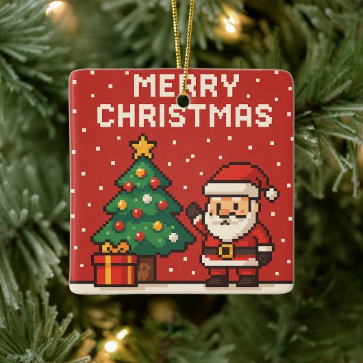 Süßer Pixel-Art-Weihnachtsmann Keramikornament (Baum)