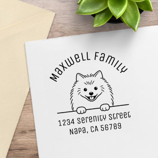 Süßer Pomeranian-Hund gebogener Name Familienadres Gummistempel