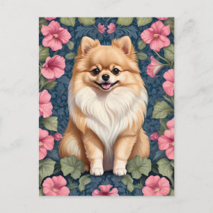 Süßer Pomeranian-Hund mit rosa Petunien Postkarte