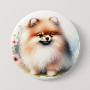 Süßer Pomeranian - Sanfte Wasserfarben-Blumen-Hund Button