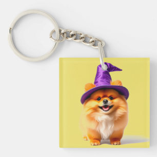 Süßer Pomeranian-Welpe mit Hexenhut Schlüsselanhänger