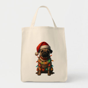 Süßer Pug in Weihnachtslichter gewickelt mit Santa Tragetasche