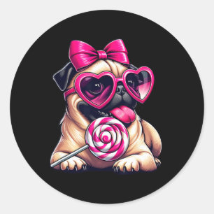 Süßer Pug mit Herz-Sungles-Bow-Valentinstag-Hundem Runder Aufkleber