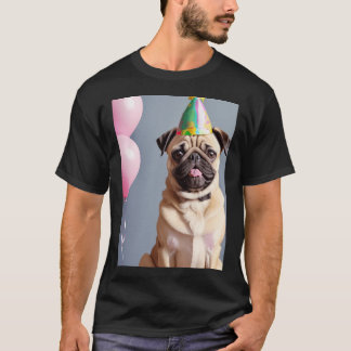 Süßer Pug-Welpe auf einer Geburtstagsfeier mit Par T-Shirt