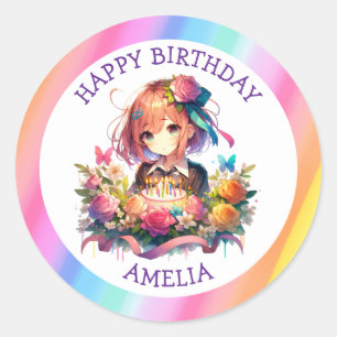 Süßer Regenbogen Anime Mädchen Geburtstagskuchen P Runder Aufkleber