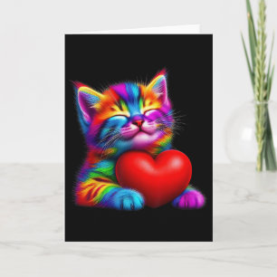 Süßer Regenbogen-Kater umarmt Valentins-Herz-Kitty Karte