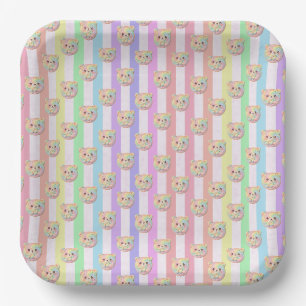 Süßer Regenbogen-Pastell-Teddybär und Streifen Pappteller