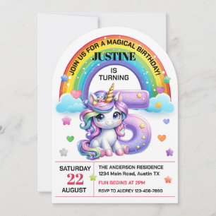 Süßer Regenbogen und Einhorn 5. Geburtstagsfeier Einladung