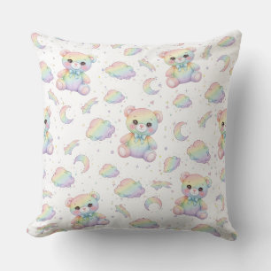 Süßer Regenbogenbär und Pastellwolken-Muster Kissen