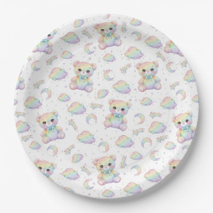 Süßer Regenbogenbär und Pastellwolken-Muster Pappteller