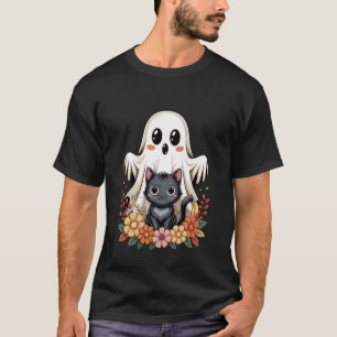 Süßer Retro-Geist Schwarze Katze Floral Halloween  T-Shirt