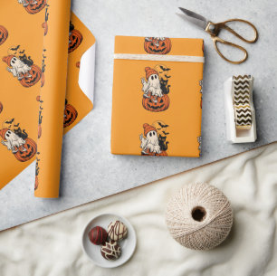 Süßer Retro-Halloween-Geist-Kürbis Unsere Familie Geschenkpapier