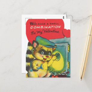 Süßer Retro-Valentinstag-Waschbär im Vintage-Stil Postkarte