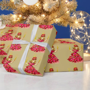 Süßer Retro Vintage Rosa Goldener Weihnachtsbaum M Geschenkpapier