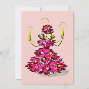 Süßer Retro Vintage Rosa Weihnachtsbaum Mädchen Feiertagskarte