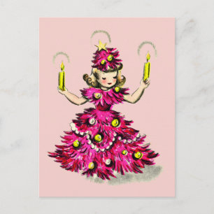 Süßer Retro Vintage Rosa Weihnachtsbaum Mädchen Feiertagspostkarte