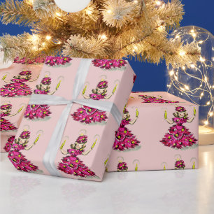 Süßer Retro Vintage Rosa Weihnachtsbaum Mädchen Geschenkpapier