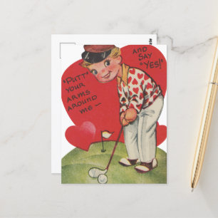 Süßer retro-vintage-Valentinstag-Golfer Postkarte