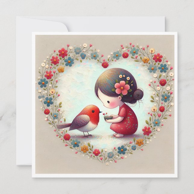 Süßer Robin und Kleines Mädchen Blumiges Herz (Vorderseite)