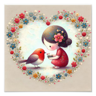 Süßer Robin und Kleines Mädchen Blumiges Herz Fotodruck